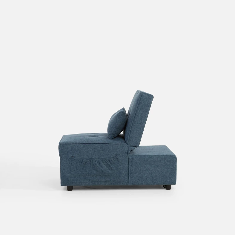Niebieska sofa 1-osobowa rozkładana, z kieszenią boczną