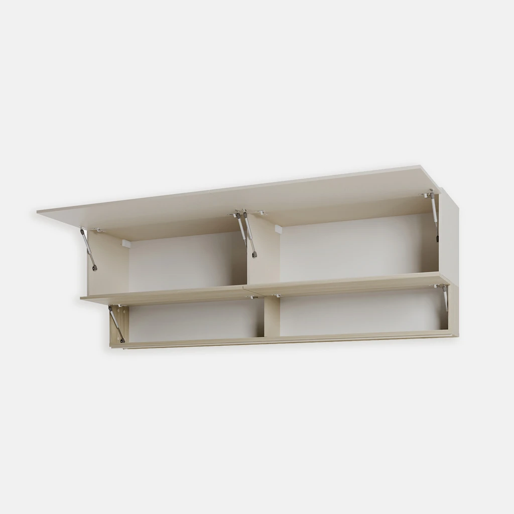 Otwarte szafki klapowe z widocznymi 4 półkami w środku