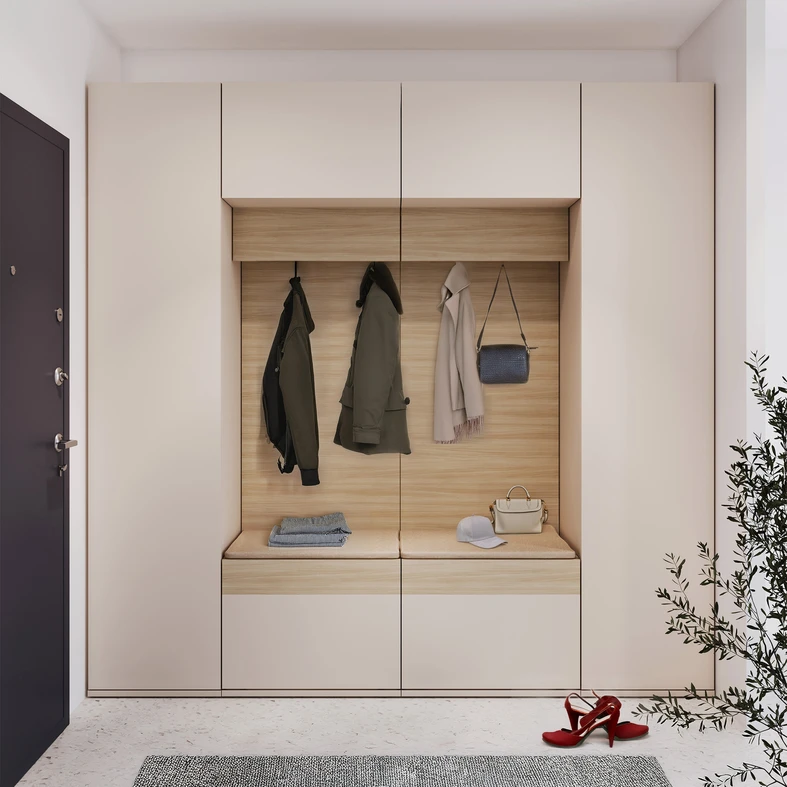 Zabudowana garderoba na przedpokoju z drugą garderobą i 2 szafami