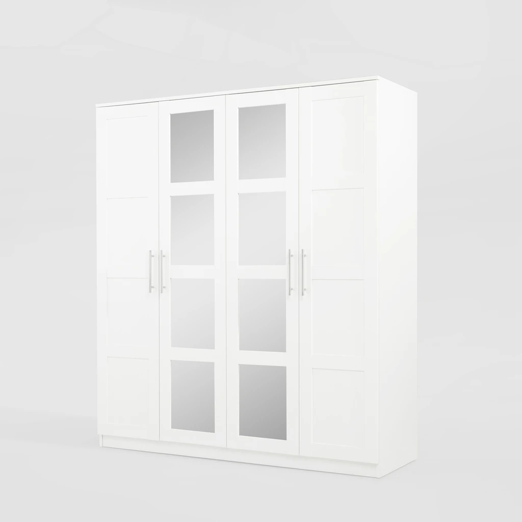 Biała szafa 4-drzwiowa z frontami przypominającymi ramki.N środkowych frontach są lustra