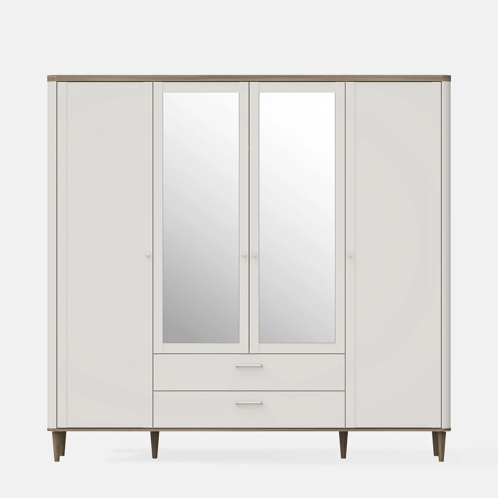 Beżowa szafa 4-drzwiowa z elementami w kolorze ciepłego drewna z lustrami na środkowych frontach