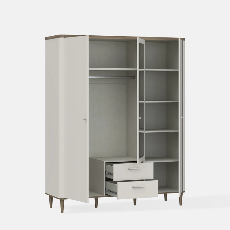 Otwarta szafa z widocznym wnętrzem pełnym półek i drążkiem ubraniowym