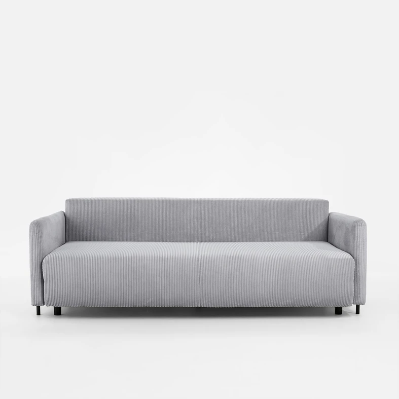Jasnoszara sofa z prostokątnymi poduszkami i funkcją spania.