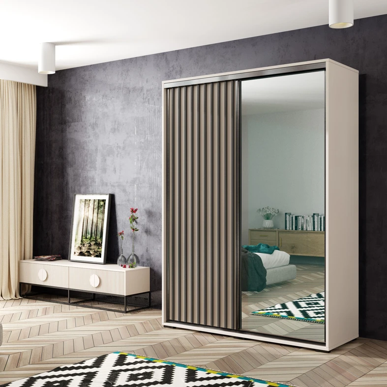 Aranżacja nowoczesnej sypialni z kaszmirową szafą z lamelami i lustrem