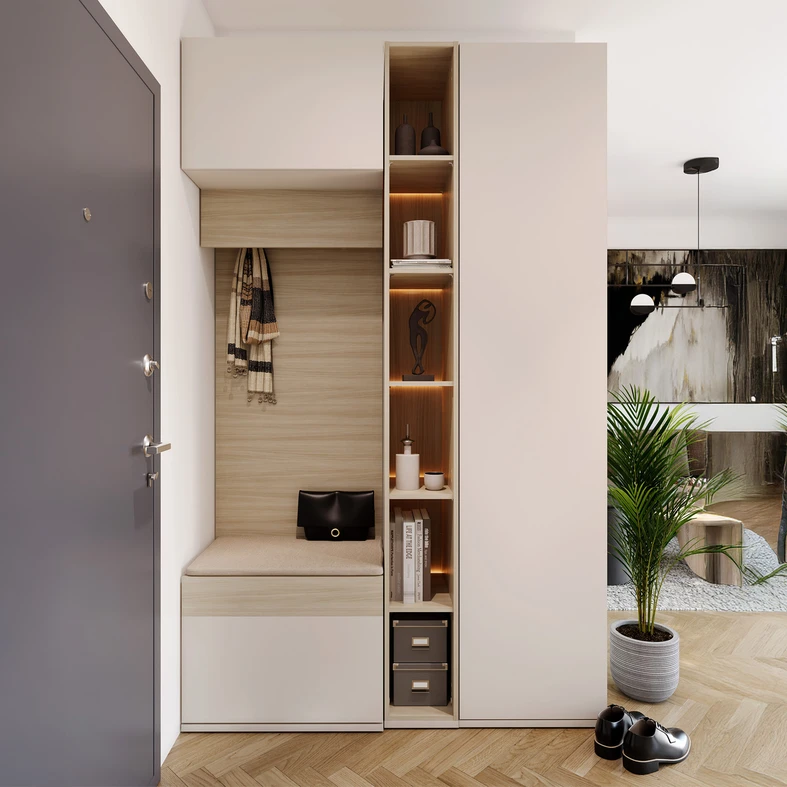 Zabudowany przedpokój z garderobą, wąskim regałem i szafą
