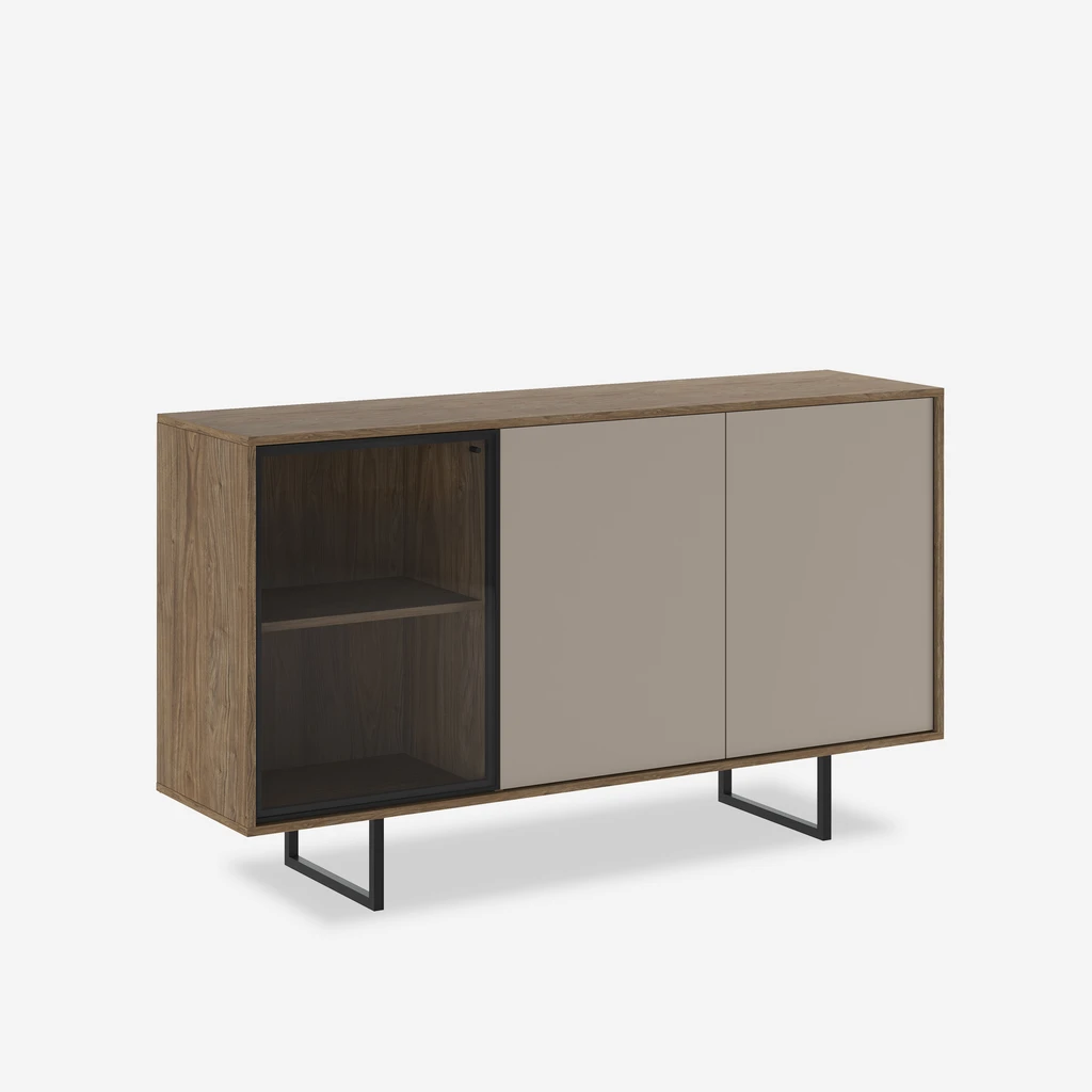 Komoda w kolorze drewna, z szarymi frontami i jedną witryną