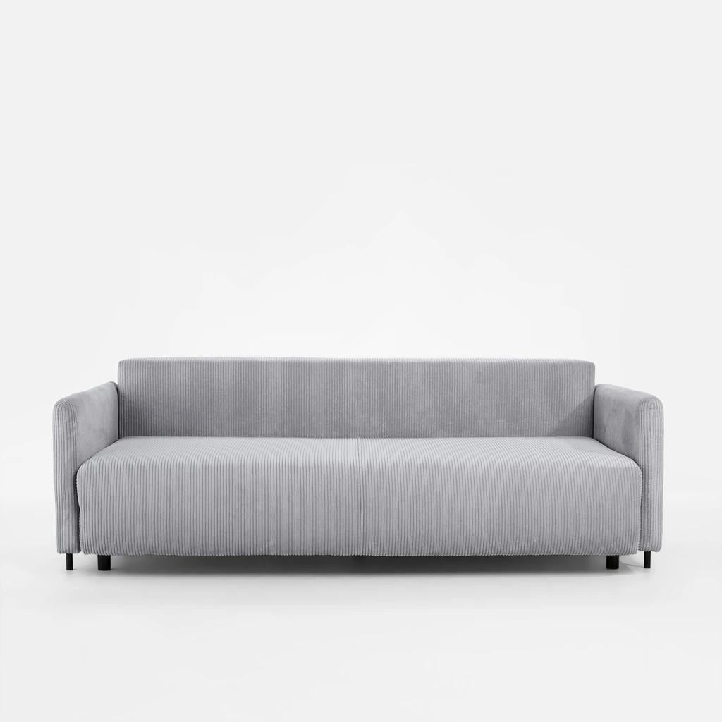 Jasnoszara sofa z prostokątnymi poduszkami i funkcją spania.