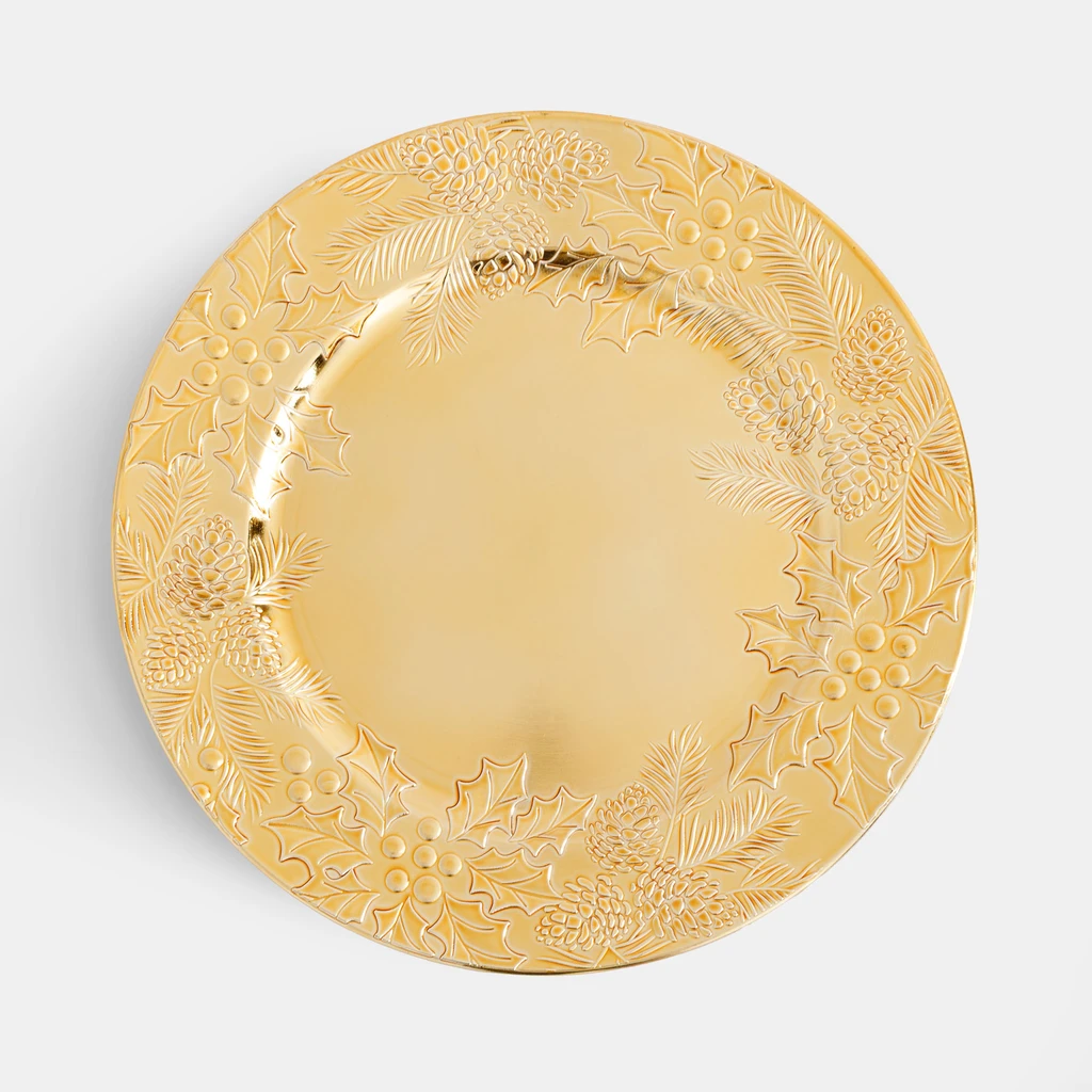 Dekorativní talíř podtalíř zlatý s zimními rostlinami 33 cm