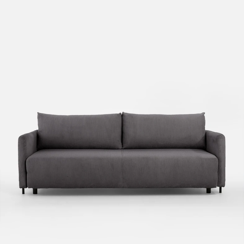 Szara sofa z prostokątnymi poduszkami i funkcją spania.