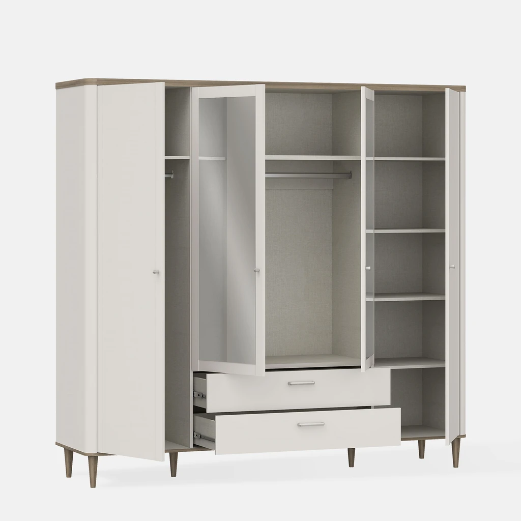 Otwarta szafa z widocznym wnętrzem - półkami i drążkami ubraniowymi