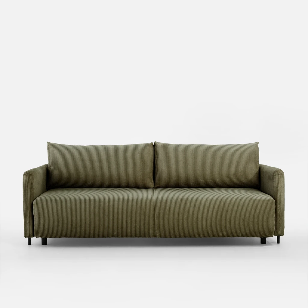 Oliwkowa sofa z prostokątnymi poduszkami i funkcją spania.