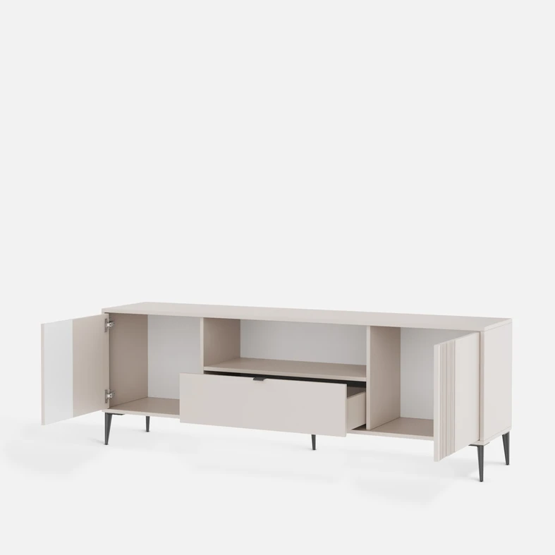 Jasna szafka RTV z szufladą i wnęką – miejsce na sprzęt, akcesoria i drobiazgi w lekkiej formie.