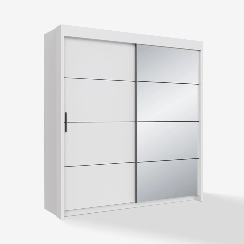 Biała szafa z przesuwnymi frontami. Jeden front posiada w całości zabudowę z lustra