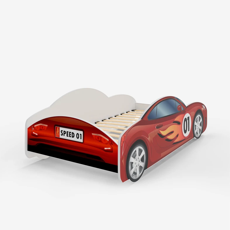Łóżko dziecięce w kształcie czerwonego auta sportowego, z płomieniem i znakiem 01 po bokach - tył