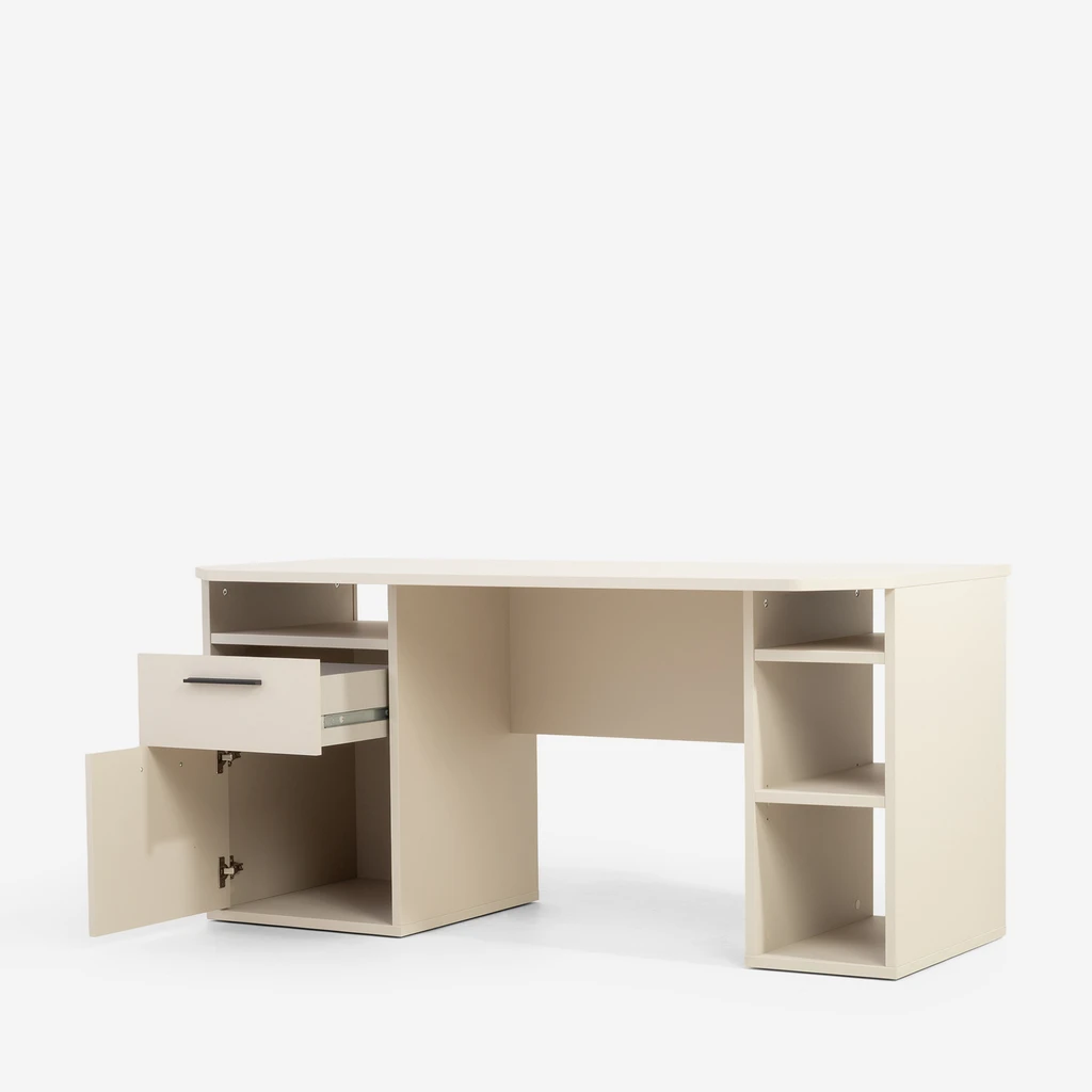 Otwarta szafka i szuflada, ukazując wnętrze biurka