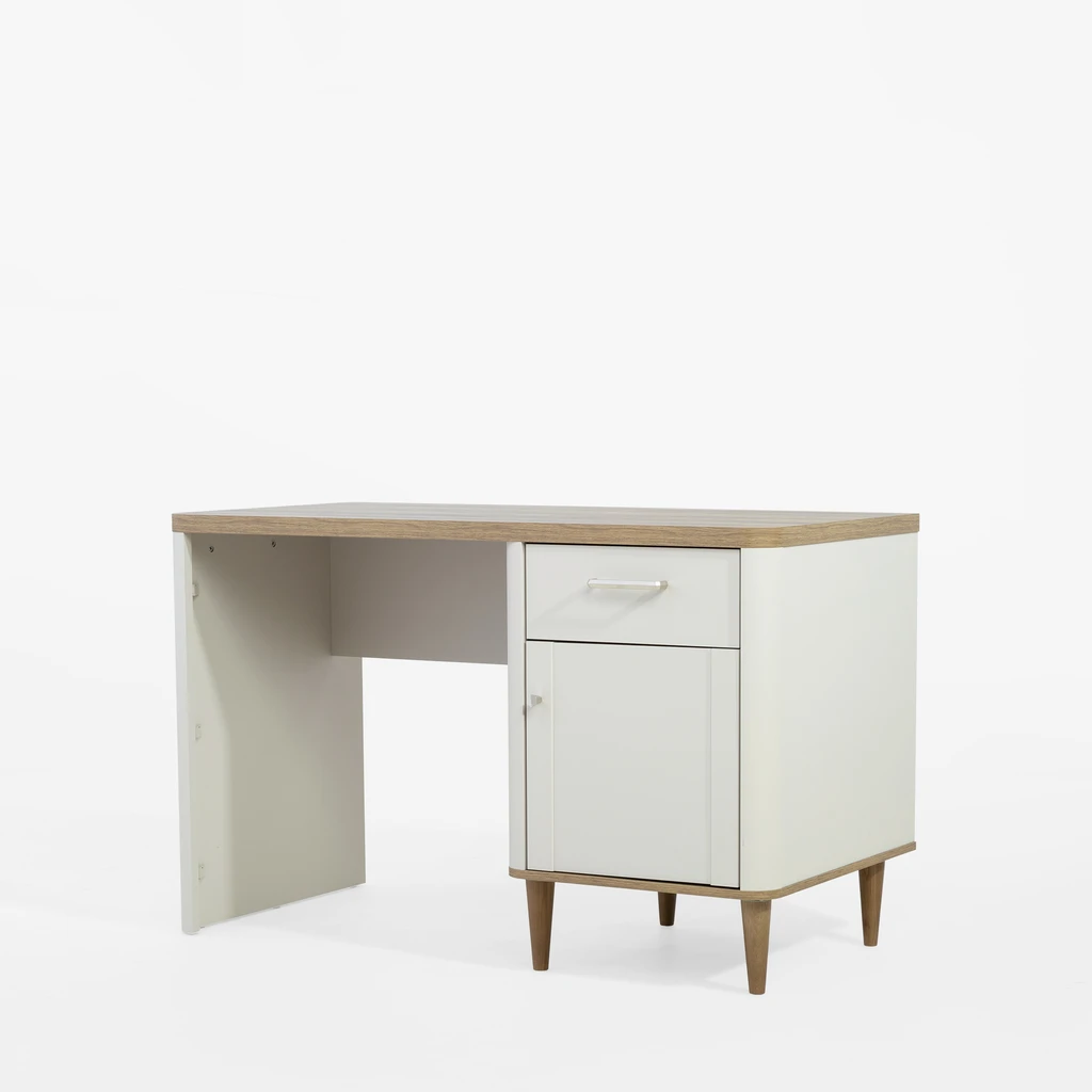 Beżowe biurko z blatem i wysokimi nóżkami w kolorze drewna - widok z ukosa