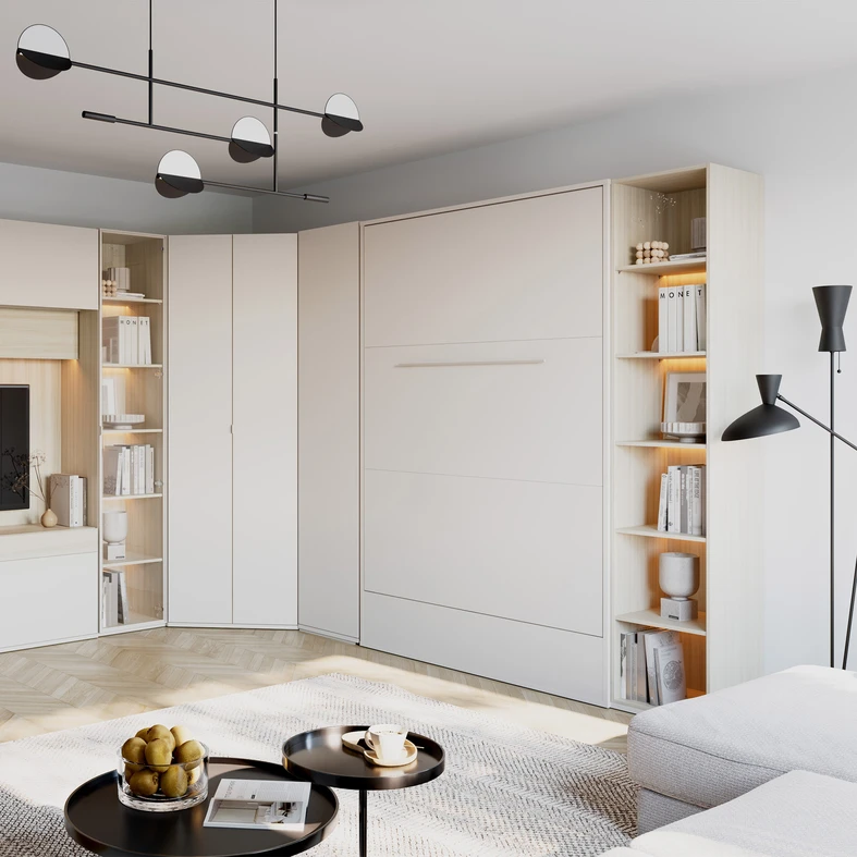 Aranżacja nowoczesnego salonu z półkotapczanem w zabudowie.