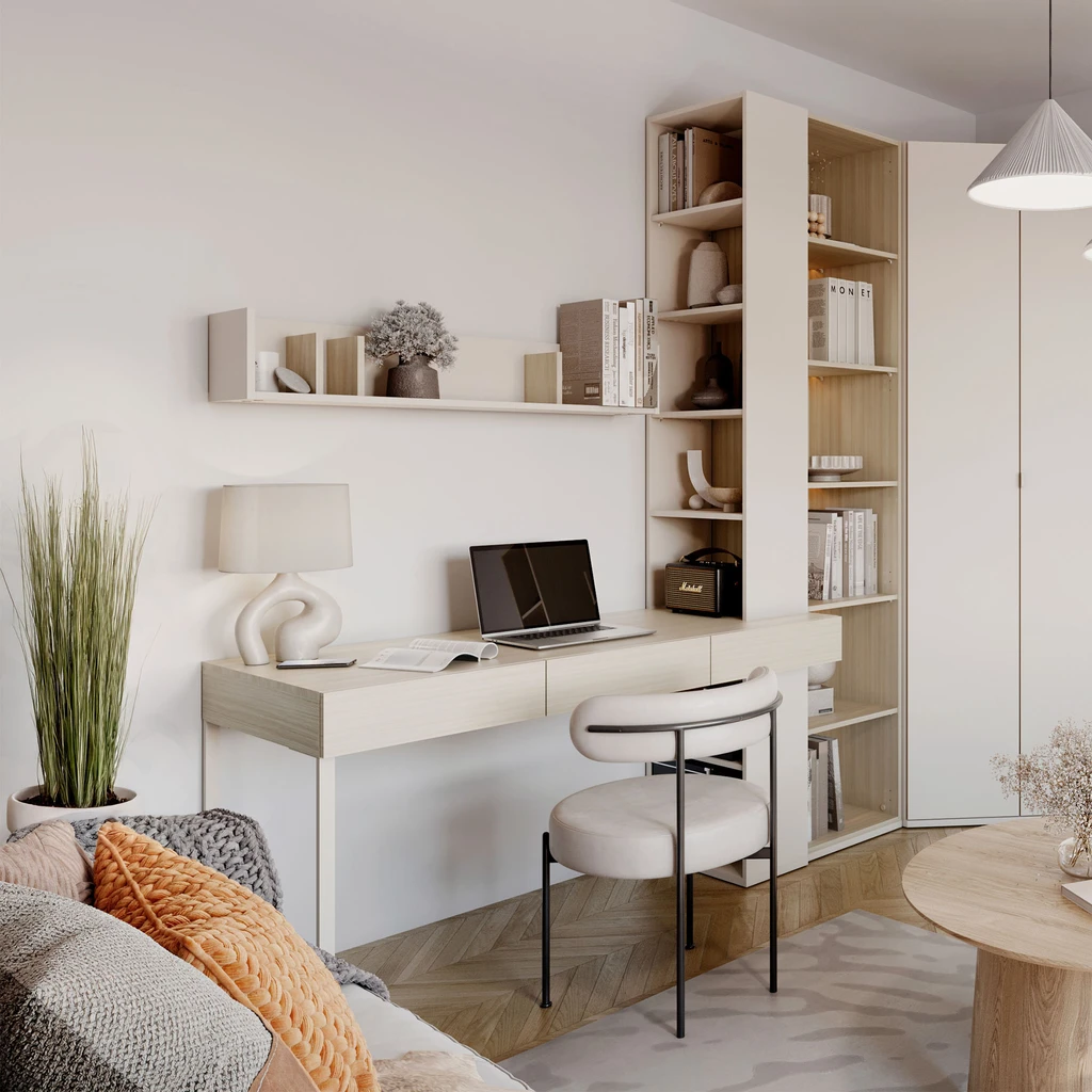 Aranżacja nowoczesnego salonu z biurkiem w salonie