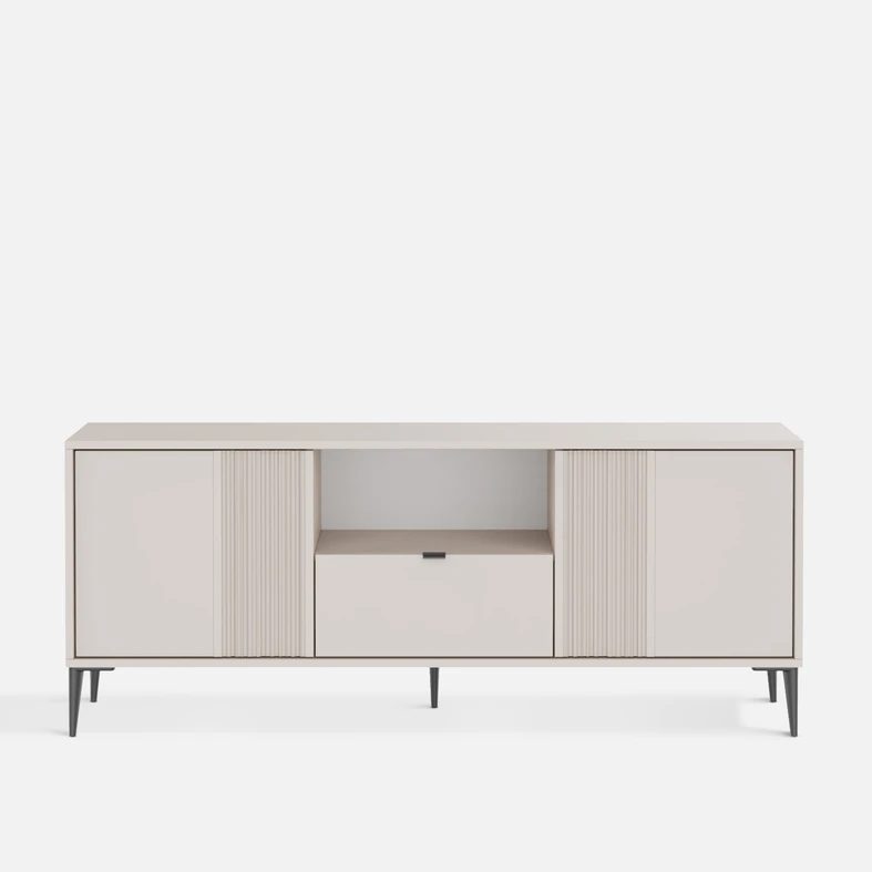 Szafka RTV INERTIA 185 cm – kaszmirowy odcień, pojemna szuflada, dwa fronty i otwarta wnęka na sprzęt.