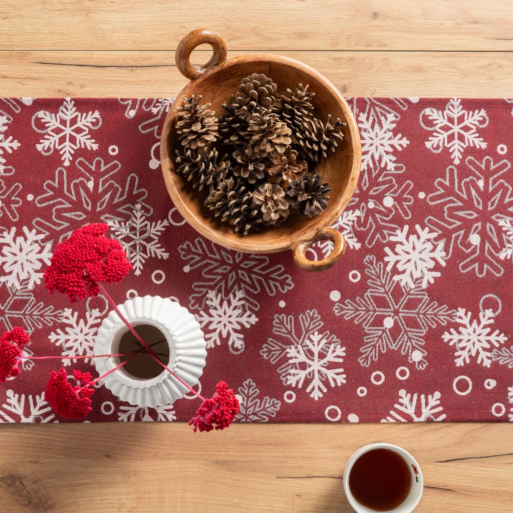 Běhoun na stůl se sněhovými vločkami VINTRO červený 40x120 cm
