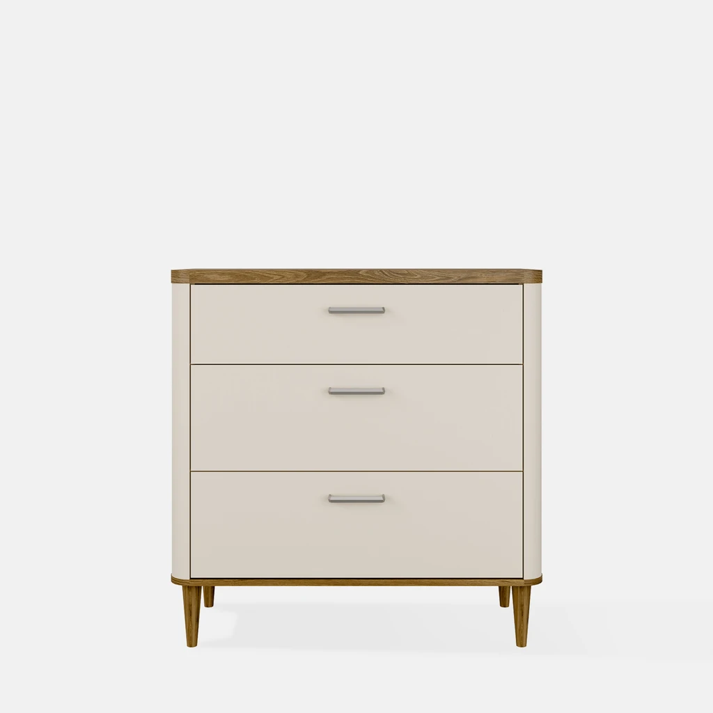 Beżowa komoda z szufladami, z blatem i nóżkami w kolorze ciepłego drewna