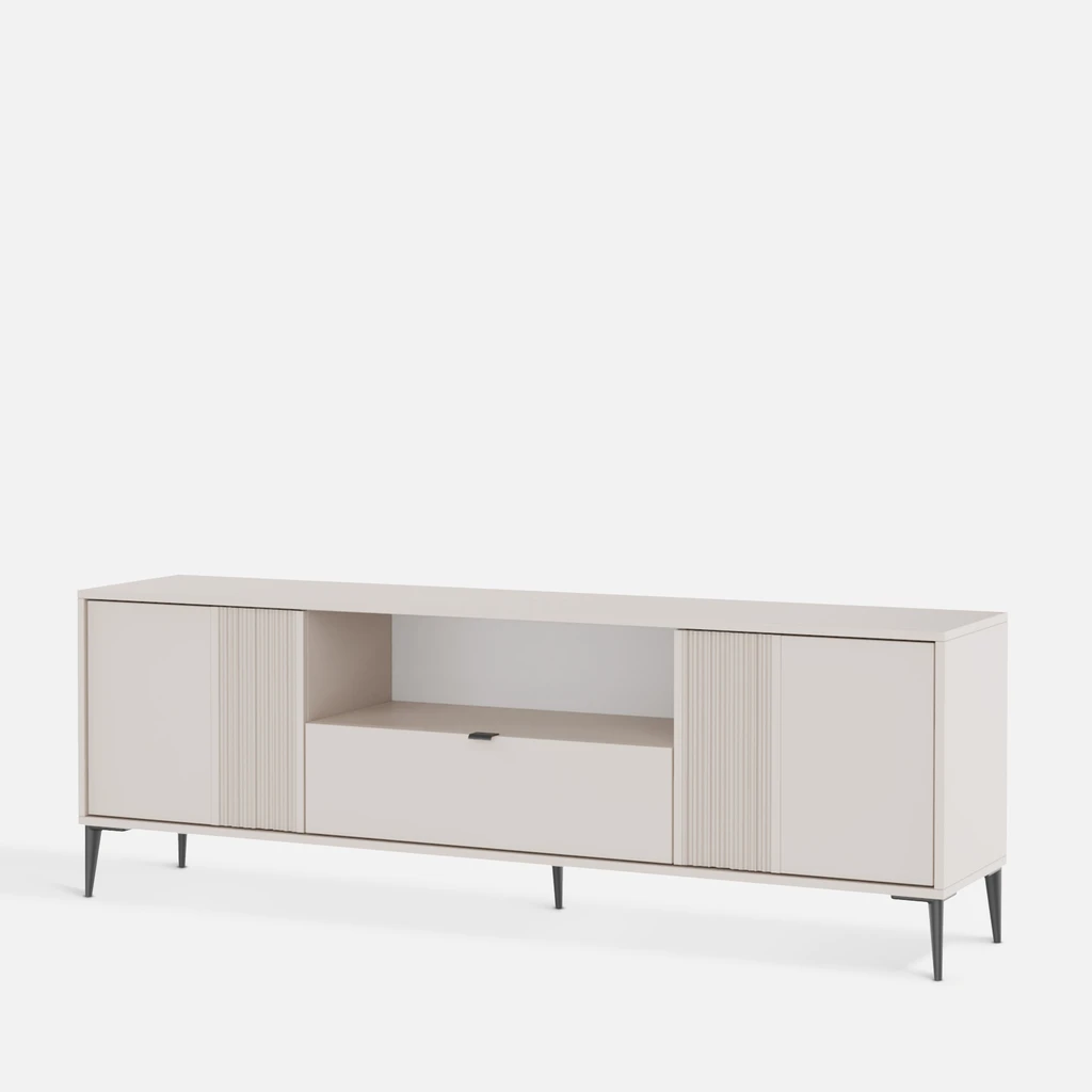 Szafka RTV INERTIA – kaszmirowy odcień, praktyczny układ i przestrzeń na sprzęt multimedialny.