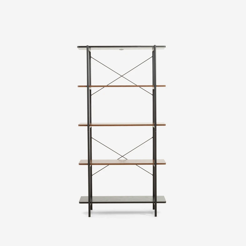 Regał na metalowym, czarnym stelażu z półkami w kolorze ciemnego i czarnego drewna