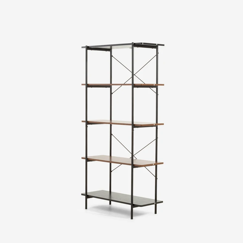 Regał na metalowym, czarnym stelażu z półkami w kolorze ciemnego i czarnego drewna