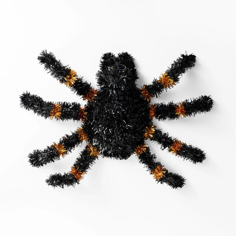 Dekoracja pająk czarno-pomarańczowy 45 cm - widok z góry.