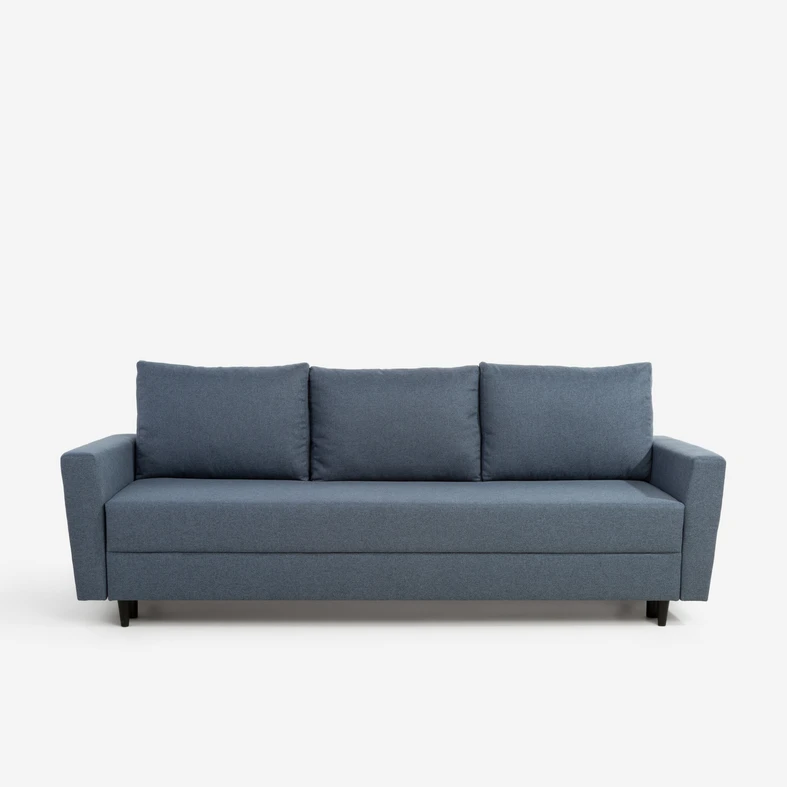 Rozkładana sofa niebieska z czarnymi nóżkami