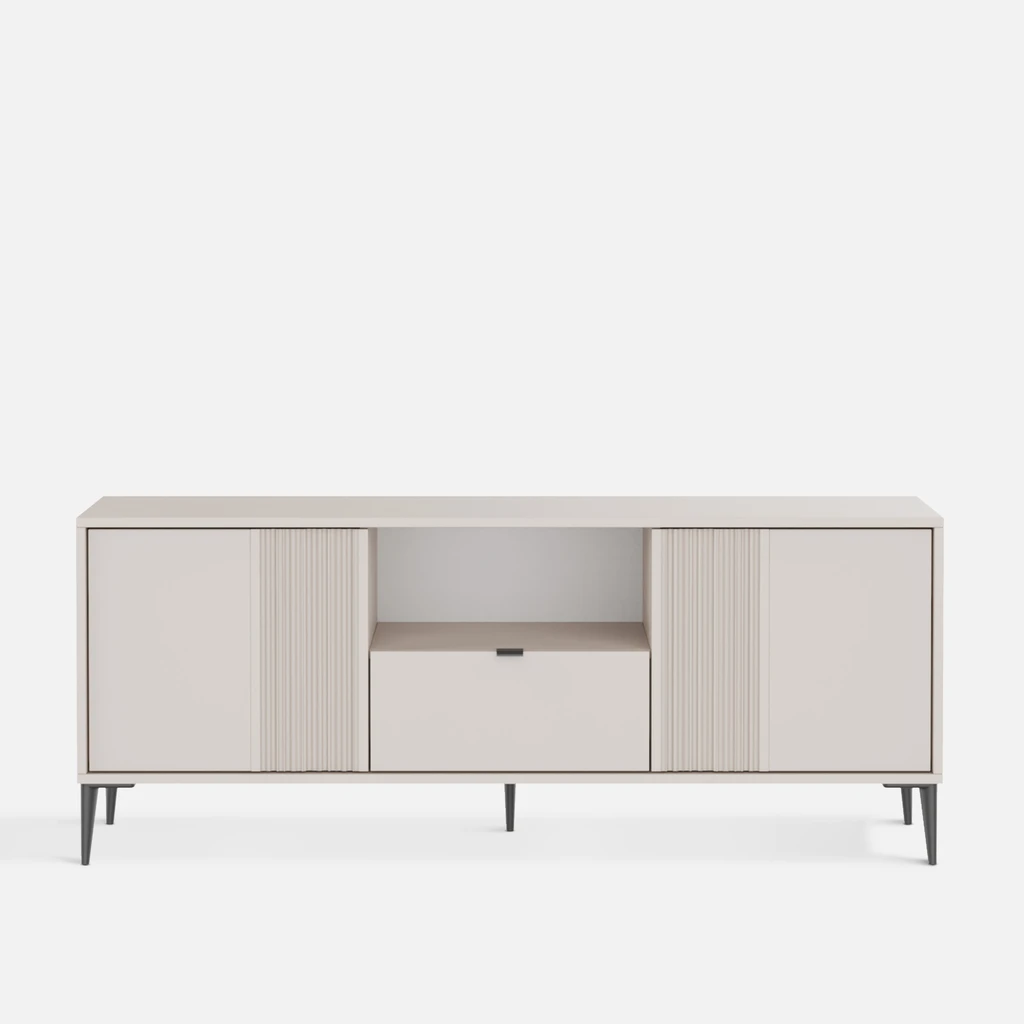 Szafka RTV INERTIA 185 cm – kaszmirowy odcień, pojemna szuflada, dwa fronty i otwarta wnęka na sprzęt.