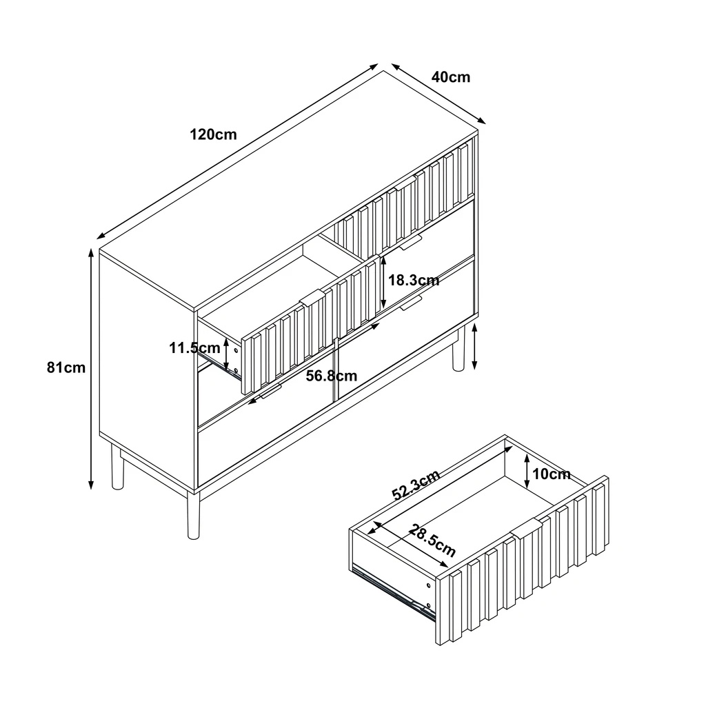 Rysunek techniczny z wybranymi wymiarami mebla
