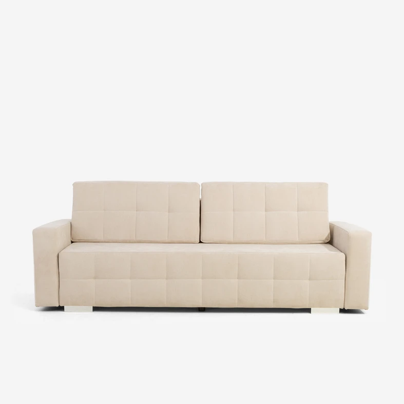 Sofa LILI – miękka, beżowa tkanina i funkcja rozkładania zapewniają wygodę na dzień i noc.