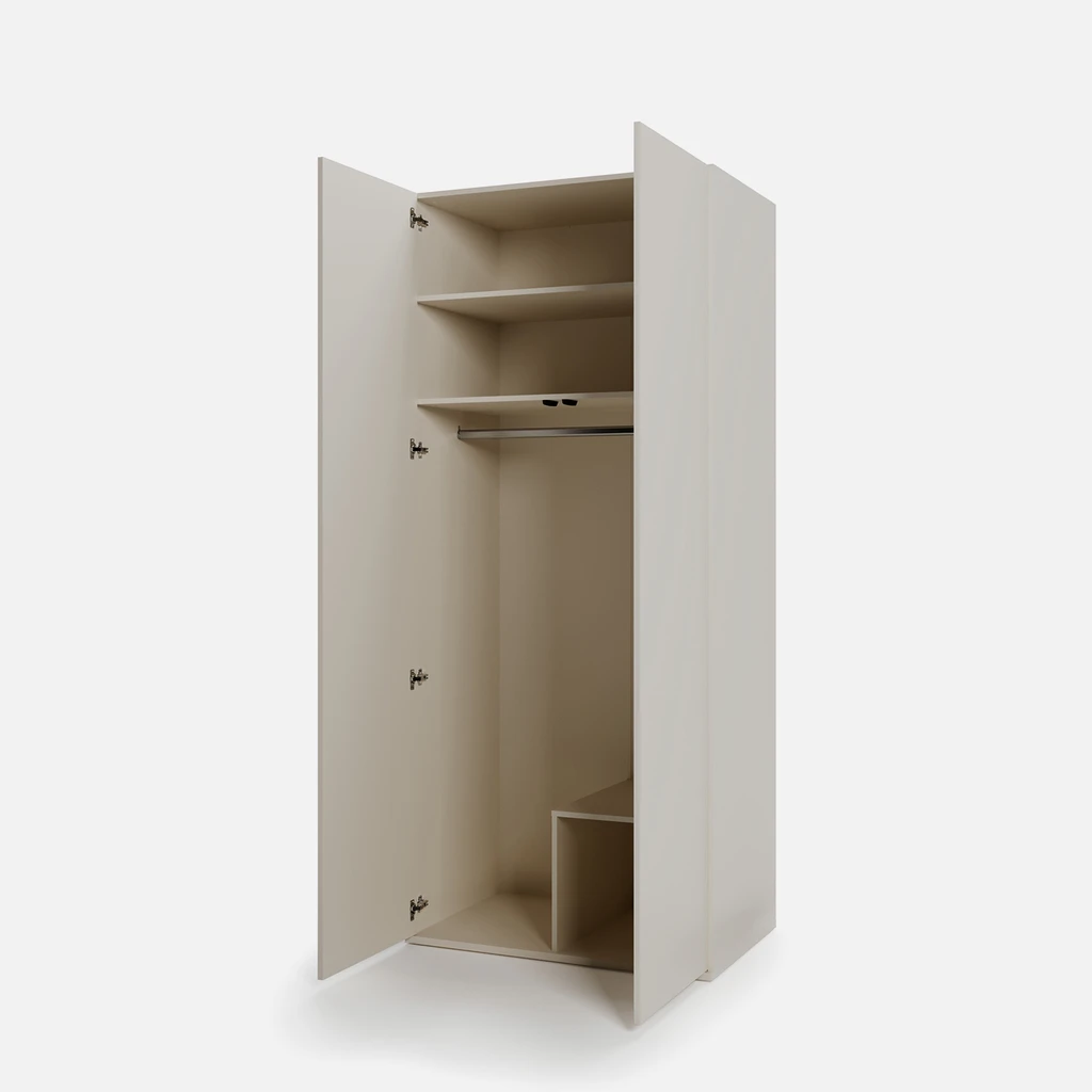 Otwarta szafa 2-drzwiowa z widocznymi 3 półkami i drążkiem na wieszaki