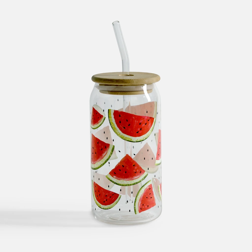 Sklenice s bambusovým víčkem a brčkem MELOUNY 500 ml