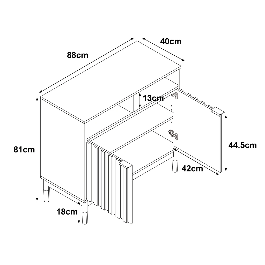 Rysunek techniczny z zaznaczonymi wybranymi wymiarami mebla