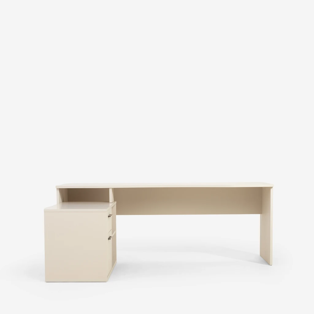 Beżowe biurko narożne, z komodą boczną z szafką i szufladą