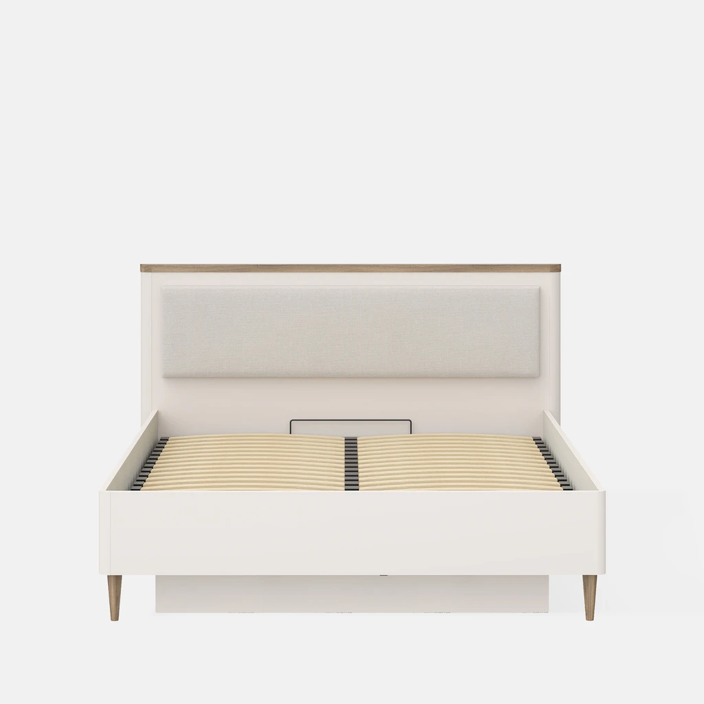 Beżowe łóżko z elementami w kolorze ciepłego drewna, z tapicerowanym panelem na wezgłowiu