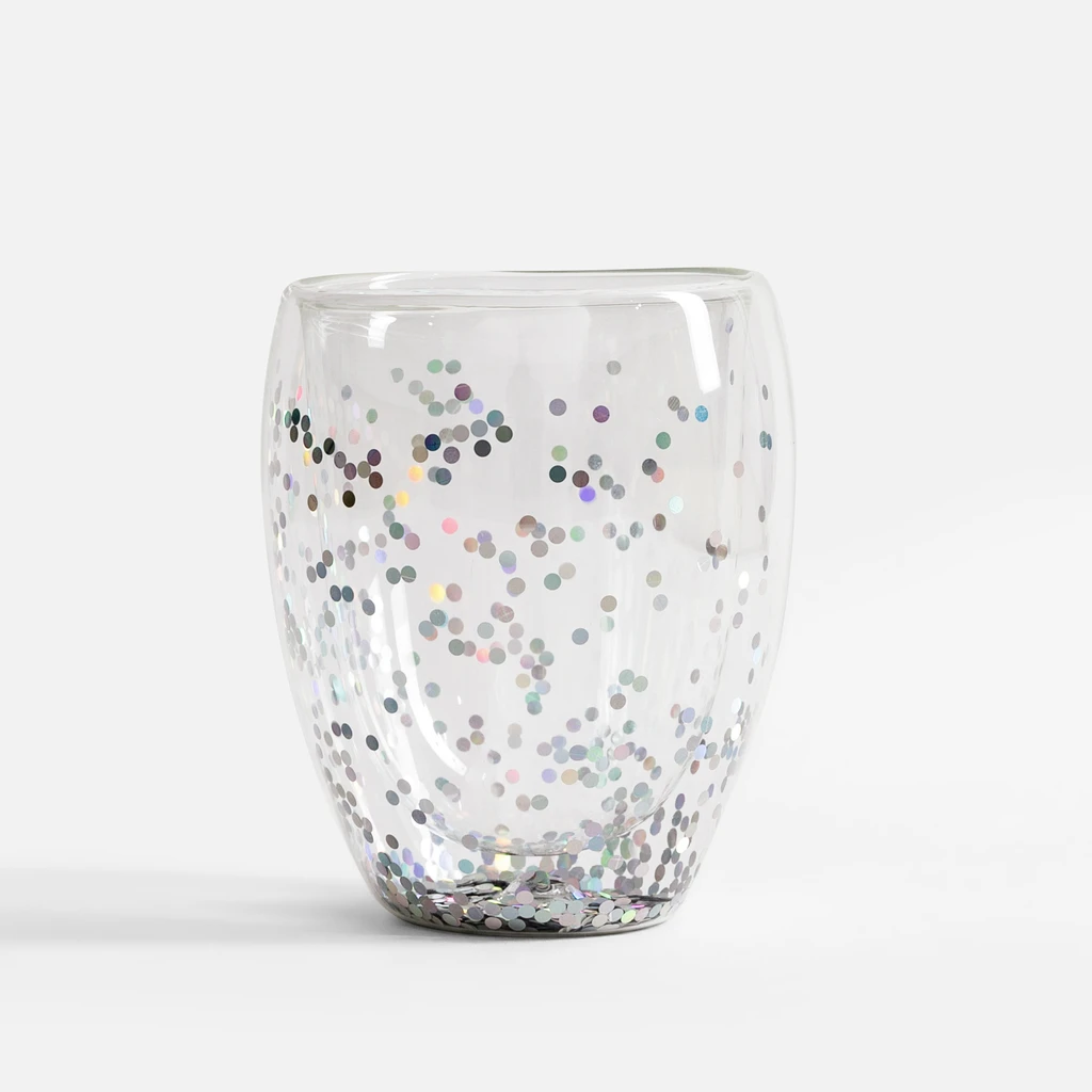 Dvoustěnná sklenice se stříbrnými konfetami 350ml