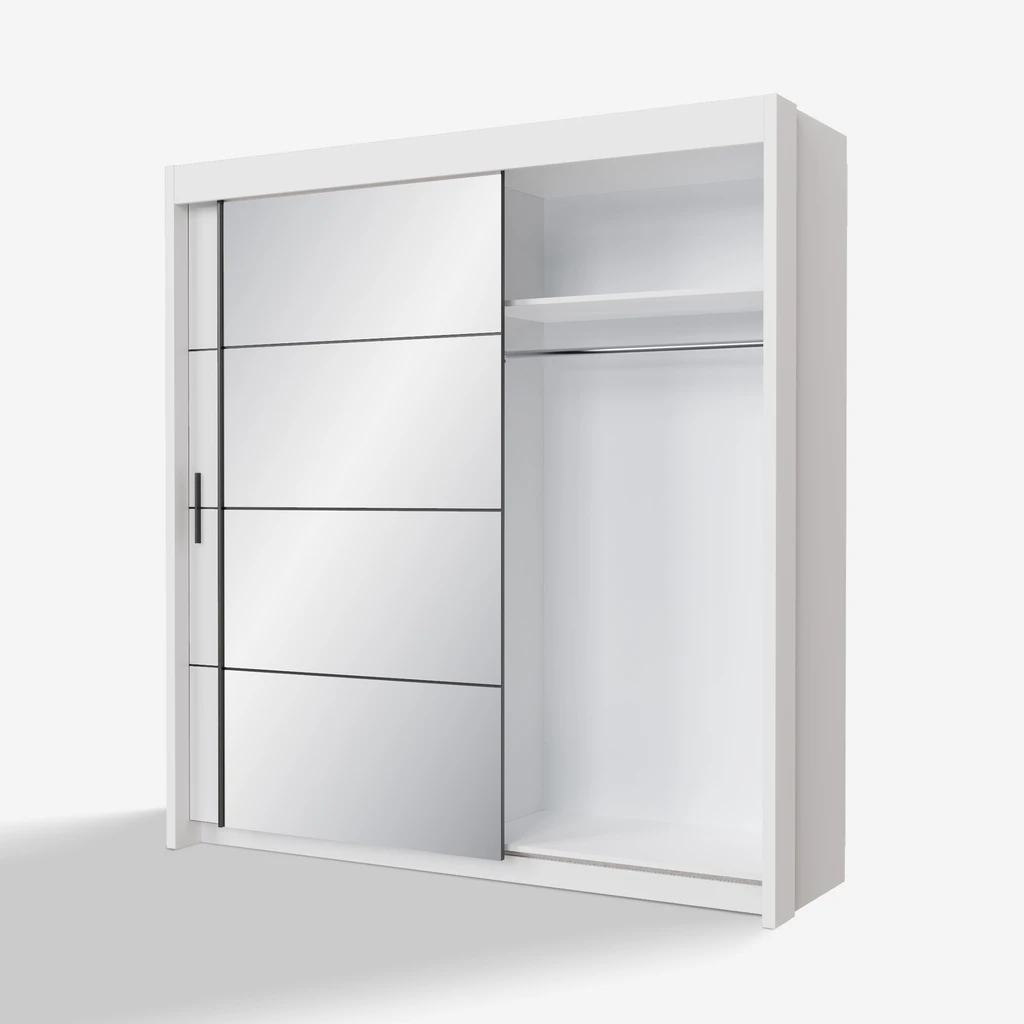 Otwarta biała szafa z widocznym wnętrzem z półkami i drążkiem ubraniowym