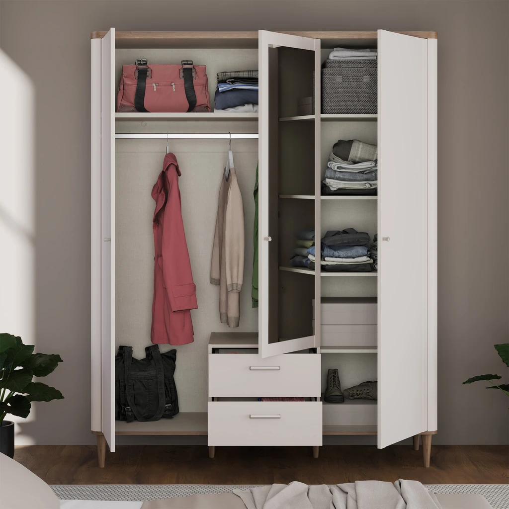 Aranżacja otwartej szafy pełnej ubrań w nowoczesnym pomieszczeniu