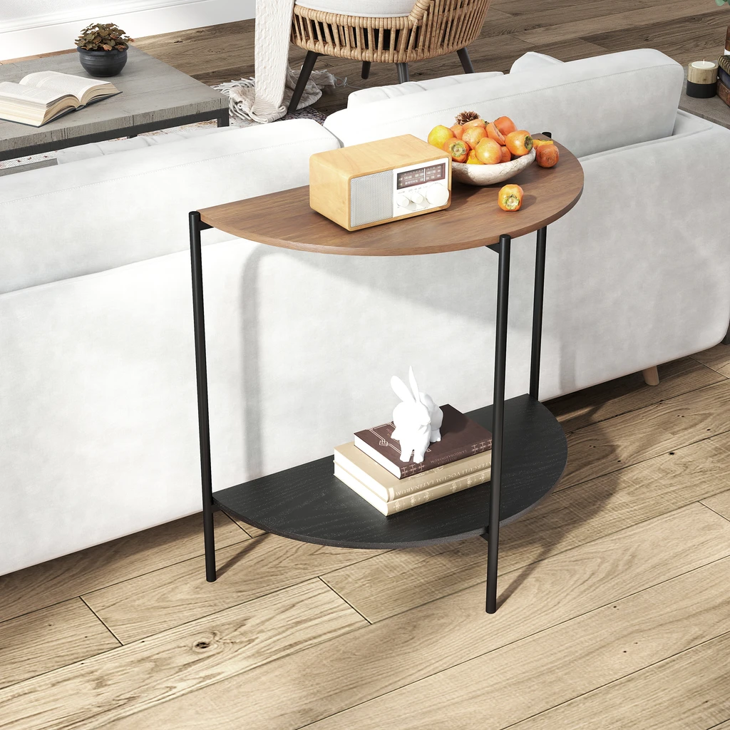 Aranżacja konsoli na metalowych łóżkach w nowoczesnym salonie, przy kanapie