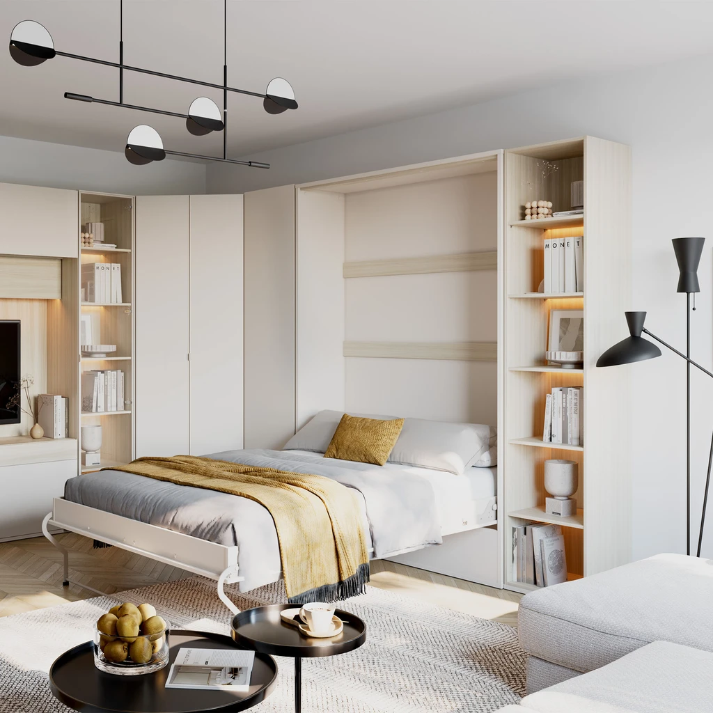 Aranżacja nowoczesnego salonu z półkotapczanem w zabudowie.