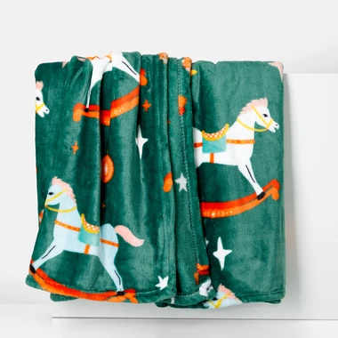 Vánoční deka s koníky zelená CODIE 130x160 cm