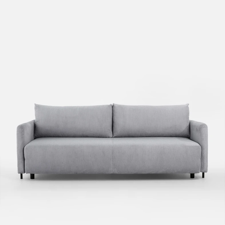 Jasnoszara sofa z prostokątnymi poduszkami i funkcją spania.