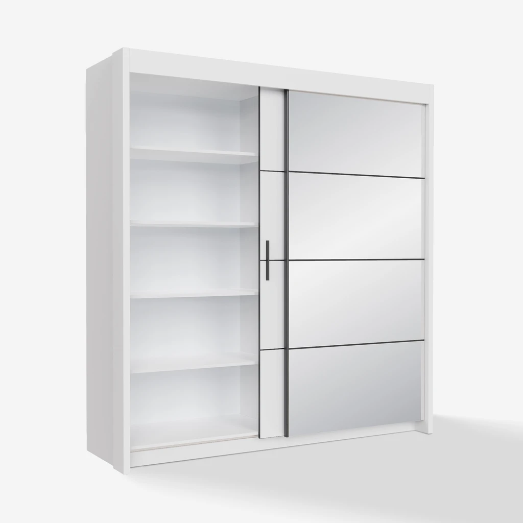 Otwarta biała szafa z widocznym wnętrzem z półkami i drążkiem ubraniowym