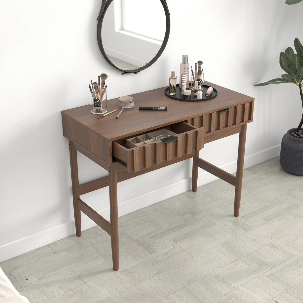 Aranżacja konsoli w nowoczesnym pomieszczeniu z lustrem, kosmetykami i akcesoriami