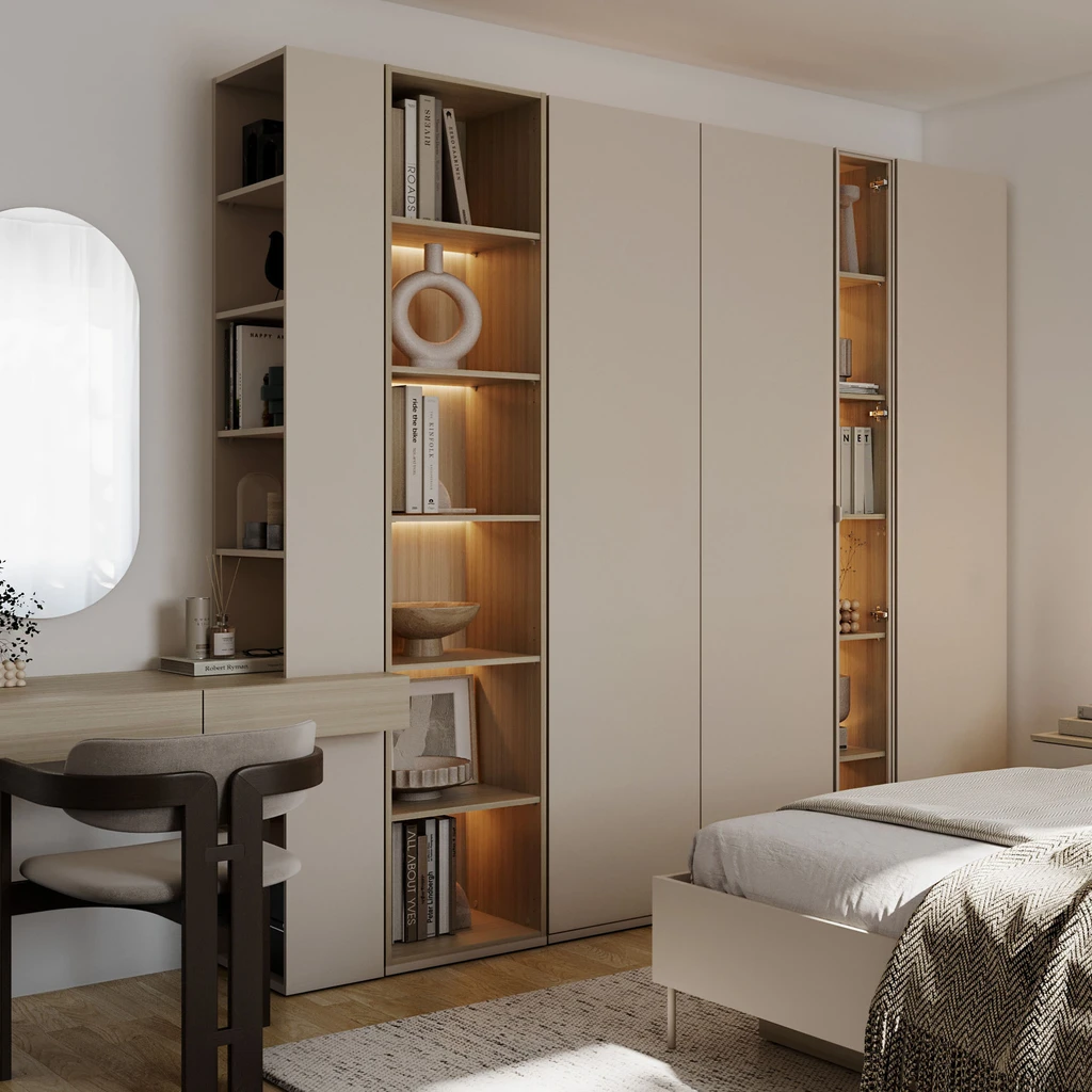 Aranżacja 2-drzwiowej szafy w nowoczesnej zabudowie sypialni