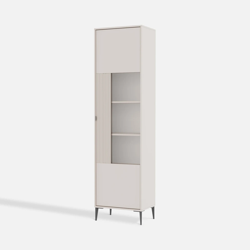 Witryna wysoka 215 cm INERTIA kaszmir Witryna 215 cm w jasnym odcieniu kaszmiru – eleganckie połączenie szkła, metalu i funkcjonalności.
