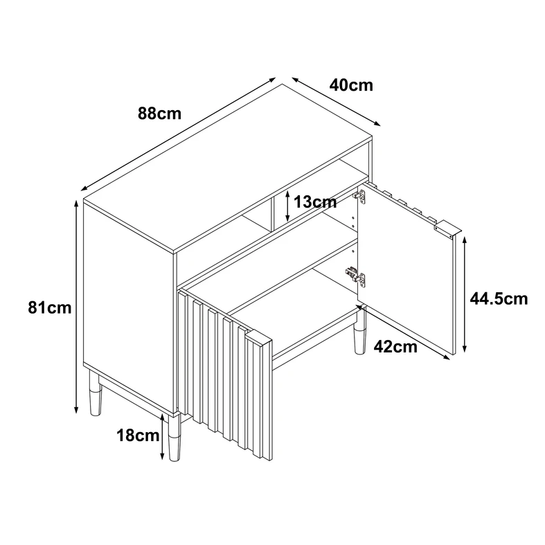 Rysunek techniczny z zaznaczonymi wybranymi wymiarami mebla